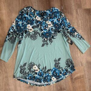 NEW Women's Jade Teal Blue Stretch Floral Tunic Casual Vacation Pullover Top